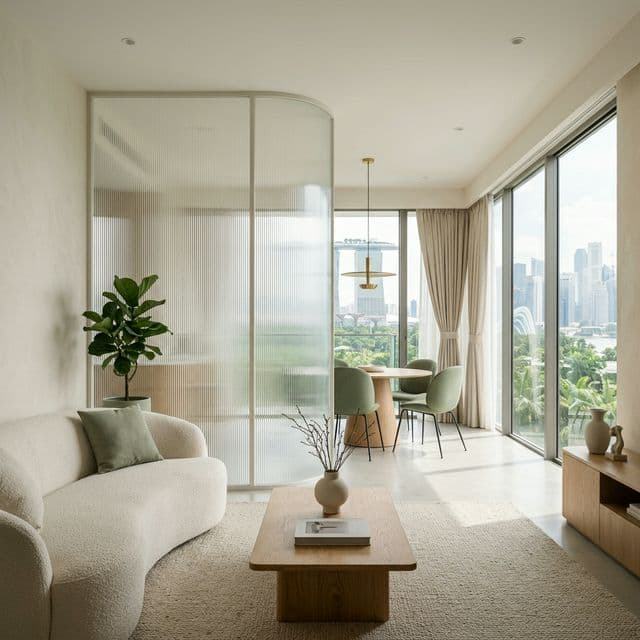 Singapore HDB BTO bespoke curved fluted glass divider and minimal architectural lines